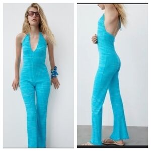 Zara Blue Ribbed Flare Halter Jumpsuit Small